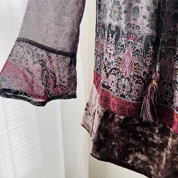 Knox Rose Gray & Red Billowy Chiffon Boho Blouse w/ Velvety Trim XS Cottagecore - Picture 3 of 8